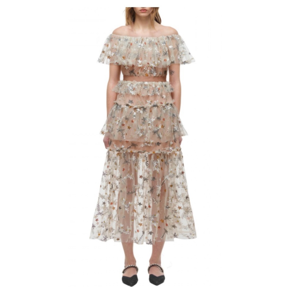 Self-Portrait Star Embellished Mesh Nude Midi Dress US 8